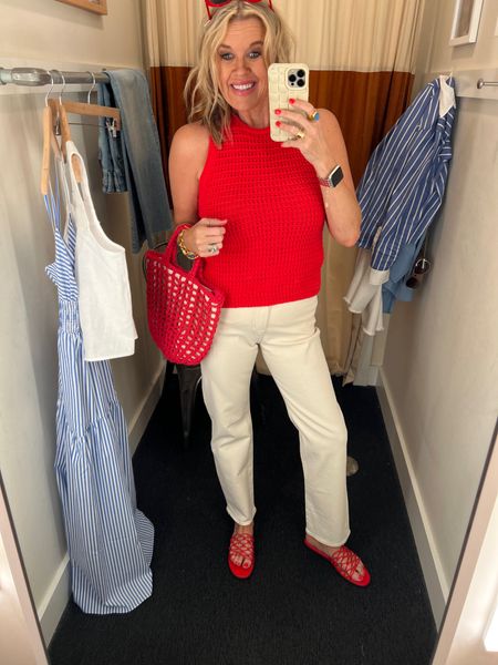 Madewell in app sale 
20% off
And some really cute pieces

The red crochet sweater tank top comes in 3 colors fits tts

These cream 90’s straight leg jeans tts 

Red accessories 
Crochet bag, sandals and 90’s red sunglasses giving me the Palm Royal vibe 



#LTKxMadewell #LTKStyleTip #LTKSaleAlert