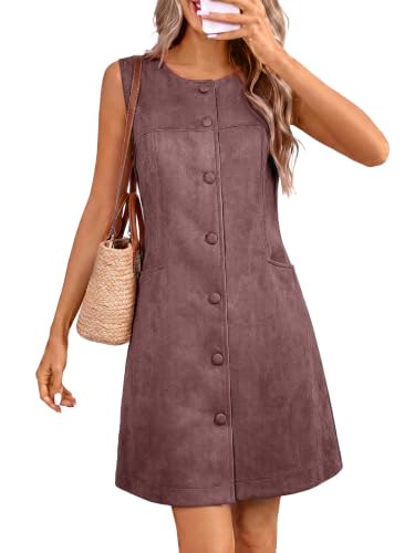 Wenrine Women Faux Suede Pinafore Dress Fall Button Mini Vest Dresses | Amazon (US)