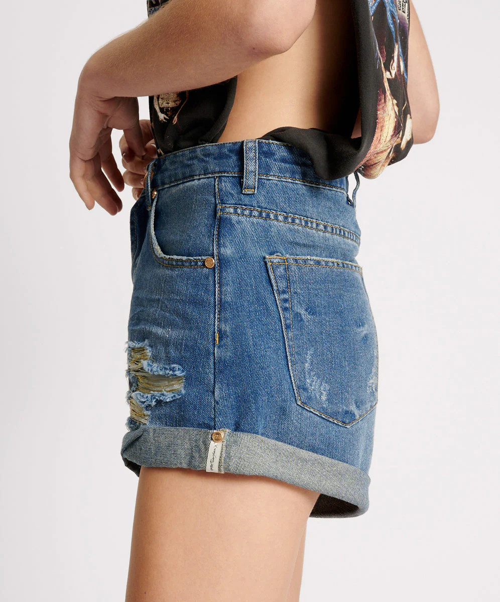 Bandits High Waist Foil Denim Shorts - Blue Shredded Gold | One Teaspoon | OneTeaspoon