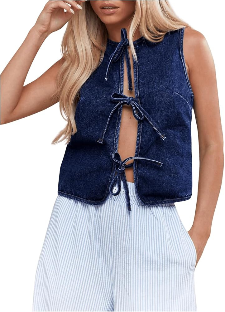MakeMeChic Women's Jean Vest Tie Front Sleeveless Crop Denim Vest Top Jackets | Amazon (US)