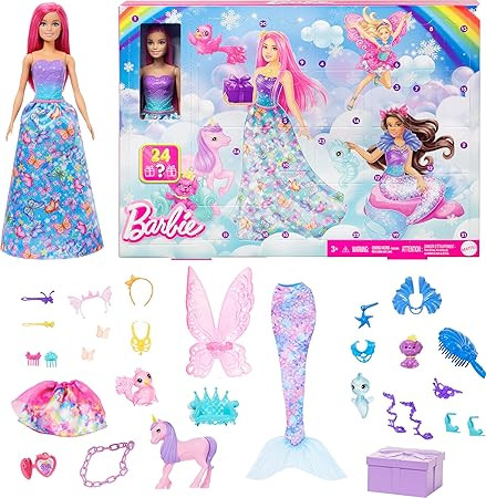 Barbie Advent Calendar with Doll & 24 Surprise Accessories Including Unicorn & 3 Pets, Transform ... | Amazon (US)