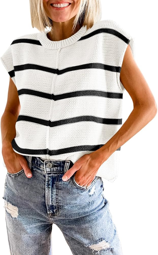 Saodimallsu Womens Cap Sleeve Tank Tops Striped Crew Neck Casual Loose Fit Spring Summer Pullover... | Amazon (US)