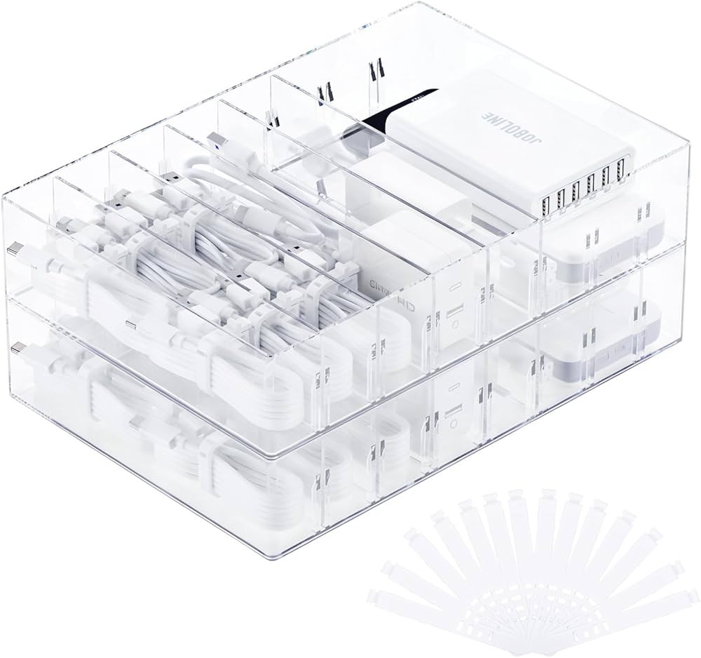 2Pcs Cable Charger Organizer Box, Large Cords Storage Organizer with Adjustable Compartments and ... | Amazon (US)