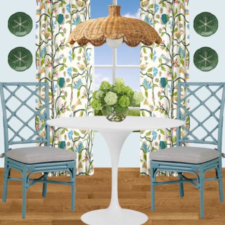 Breakfast nook, breakfast room inspo, white tulip table, green cabbage plates, blue rattan chairs, rattan pendant, scalloped pendant., Serena and Lily, Ballard Designs, custom drapes, floral curtains, kitchen nook

#LTKhome