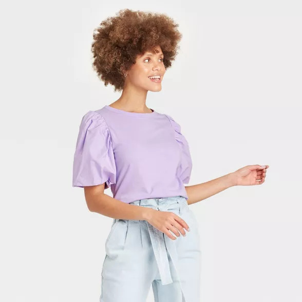Women's Puff Short Sleeve Round Neck Mixed Media T-Shirt - A New Day™ | Target