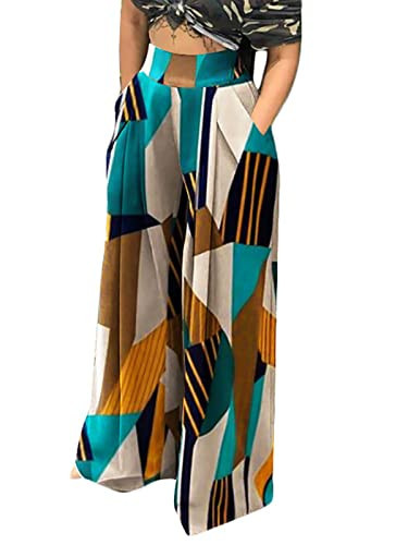 EQQZD Printed Palazzo Pants for Women Flowy Wide Leg High Waisted Trousers Long Dressy Bottoms with Pockets 2XL | Amazon (US)