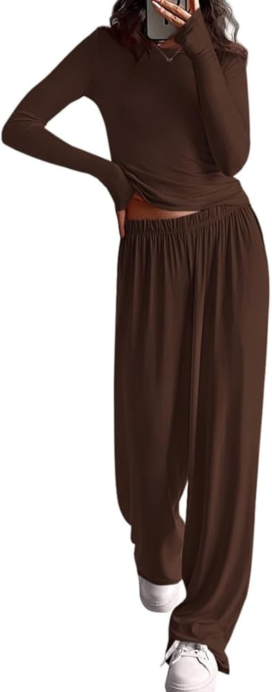 PRETTYGARDN Two Piece Lounge Sets For Women 2025 Casual Long Sleeve Shirts Wide Leg Pants Tracksu... | Amazon (US)