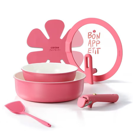 Carote 6 Pcs Ceramic Nonstick Pot and Pan Set, Nonstick Cookware Set with Lid & Detachable Handle, Oven Safe, Induction Ready, Stackable, Rose Pink | Walmart (US)