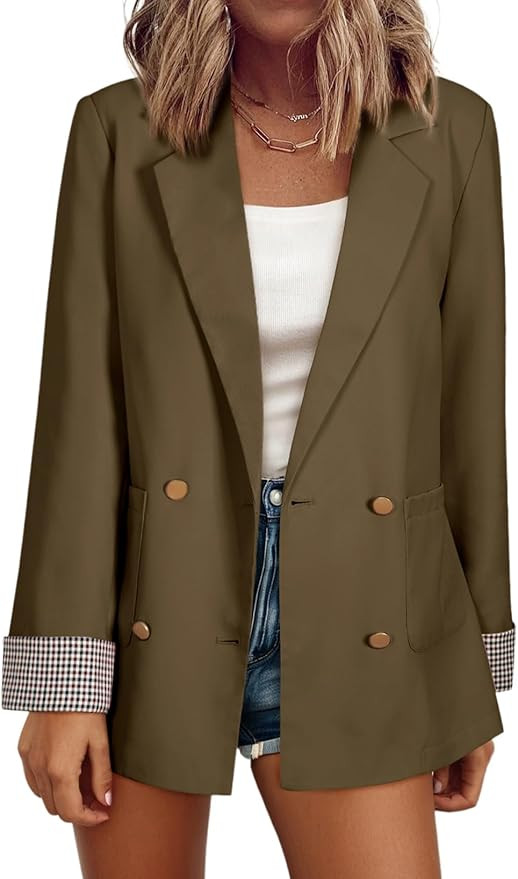 Happy Sailed Womens Blazers Plaid Cuff Double Breasted Open Front Business Casual Office Suit Jac... | Amazon (US)