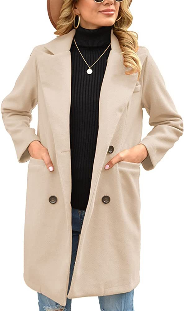 Women Overcoat Long Sleeve Coat Notched Neckline Double Breasted Casual Pure Color Mid Length Jac... | Amazon (US)