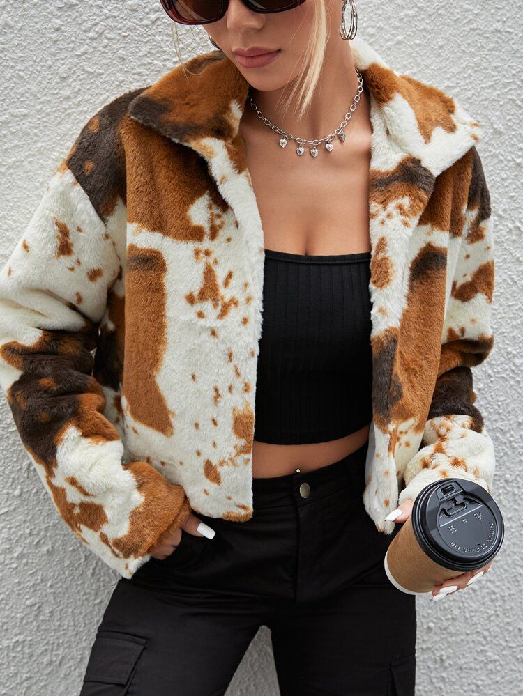 New
     
      SHEIN Cow Pattern Drop Shoulder Faux Fur Coat | SHEIN