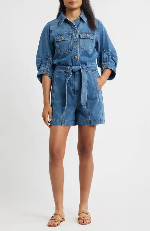 Wit & Wisdom Barrel Sleeve Tie Waist Denim Romper in Mid Blue at Nordstrom, Size Small | Nordstrom
