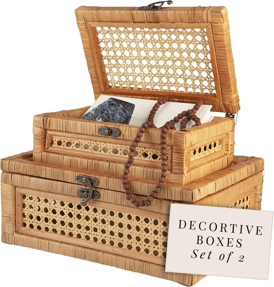 CASALLURA Handcrafted Rattan and Cane Rectangular Display Boxes - Stackable Set of 2 with Woven L... | Amazon (US)
