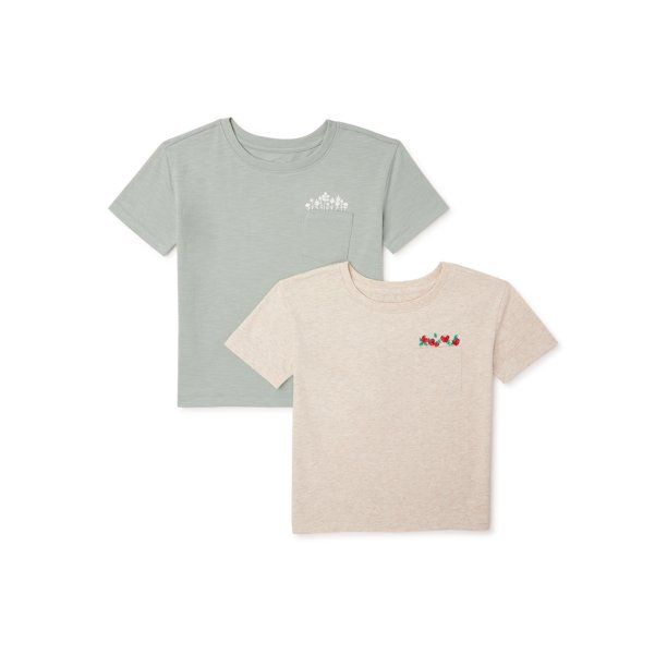 Wonder Nation Girls Embroidered Pocket T-Shirts, 2-Pack, Sizes 4-18 & Plus - Walmart.com | Walmart (US)