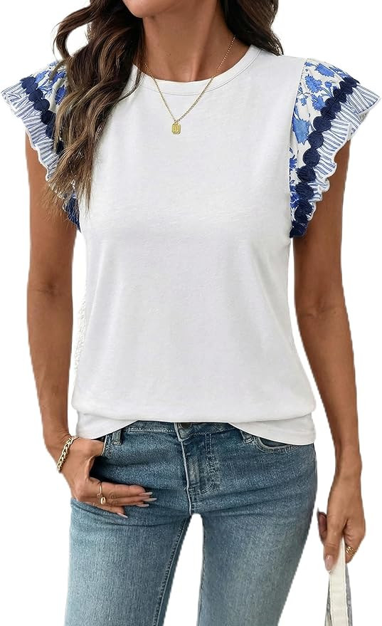 Acelitt Womens Summer Ruffle Short Sleeve Top Crewneck T Shirts Boho Floral Trim Casual Blouses | Amazon (US)