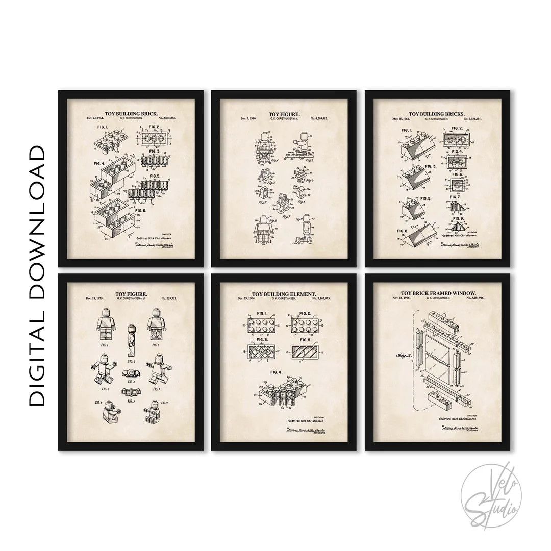 Toy Brick Patent Wall Art Gallery Wall Set of 6 Prints 4 Vintage Toy Blocks and 2 Toy Figure Pate... | Etsy (US)