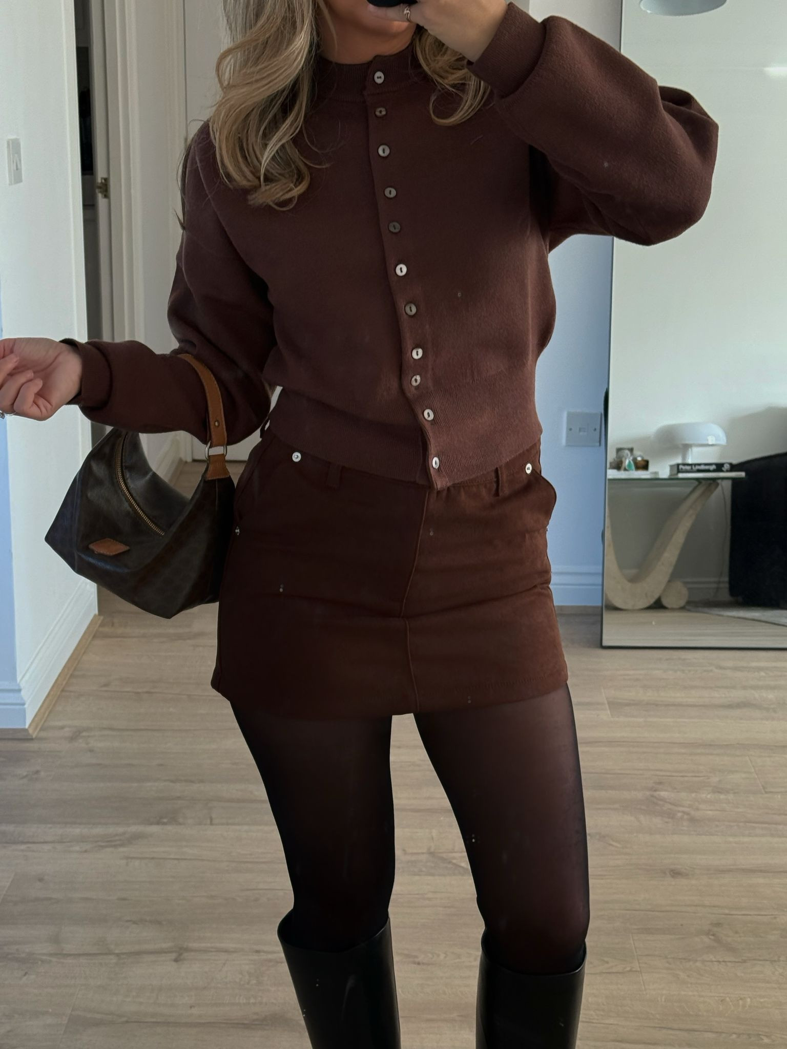 Topshop brown button down cardigan, Topshop suede a-line mini skirt, brown leather boots

#LTKspring #LTKuk #LTKFashionMonth
