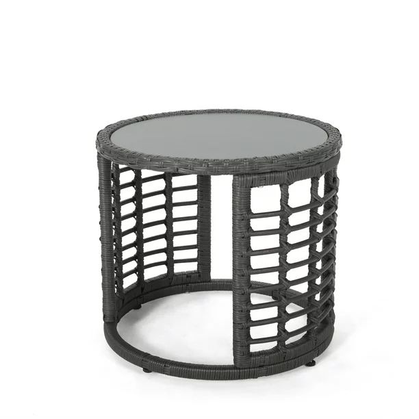 Harrisburg Outdoor Modern Boho Wicker Side Table with Tempered Glass Top, Gray | Walmart (US)