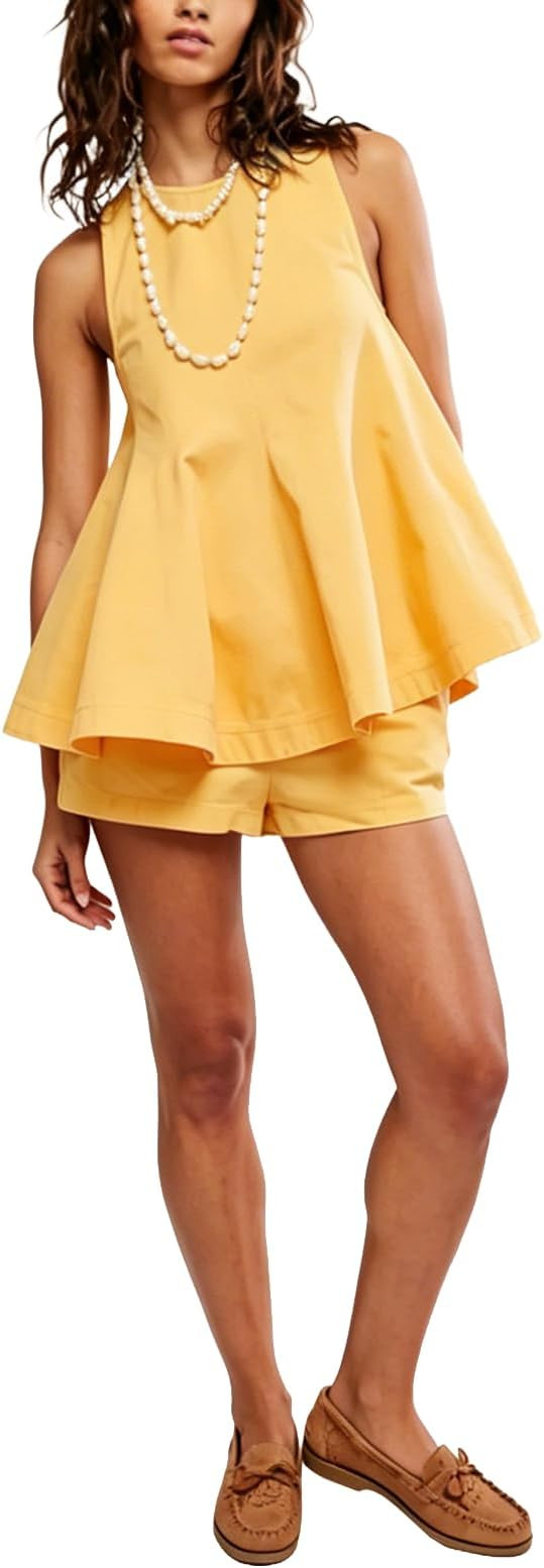 Denim Vertical Seam Sleeveless Flare Hem Top and Elastic Waist Pocket Shorts Set Casual Denim Two... | Amazon (US)