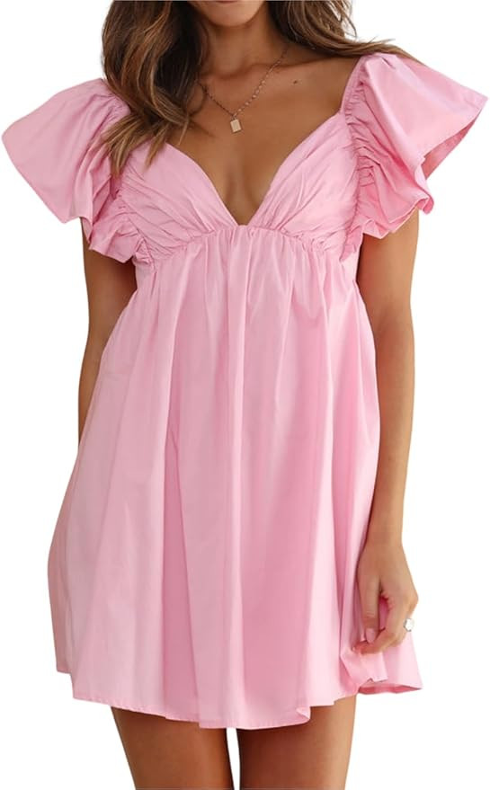 Women's Butterfly Flounce Sleeve Bow Tie Back Mini Babydoll Dress | Amazon (US)