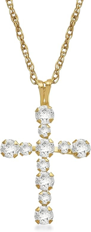 Jewelili 10K Gold 2 MM and 3 MM Round White Cubic Zirconia Cross Pendant Necklace, 18" Rope Chain | Amazon (US)