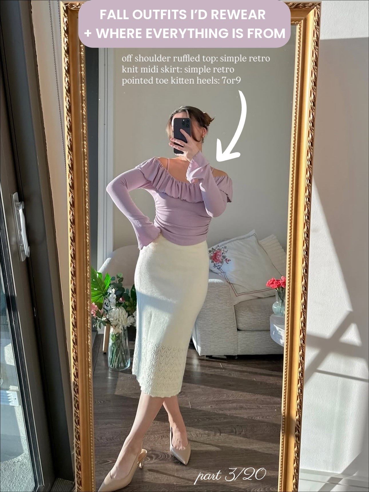 fall outfits I’d rewear and where each piece is from! part 3/20 🧸🍂☁️

• purple ruffled rosette off the shoulder long sleeve top: simple retro - wearing s (tts + has stretch) - currently ON SALE yay 💜 
• knit midi skirt: simple retro - wearing s (added similar) 
• pointed toe kitten heels: 7or9 - this brand is on the pricier side, but these heels match with everything, are padded & super comfy, and last well over the years! 

lmk if you have any q’s! 🤍🤍 

[autumn outfit ideas, pinterest ootd inspo, cozy fits for fall, holiday 2025 casual looks, cozy fashion trends, it girl vibes, pastel fashion, lilac purple, pinterest outfits for thanksgiving dinner, winter holiday party outfits]

#LTKSeasonal #LTKFindsUnder100 #LTKStyleTip