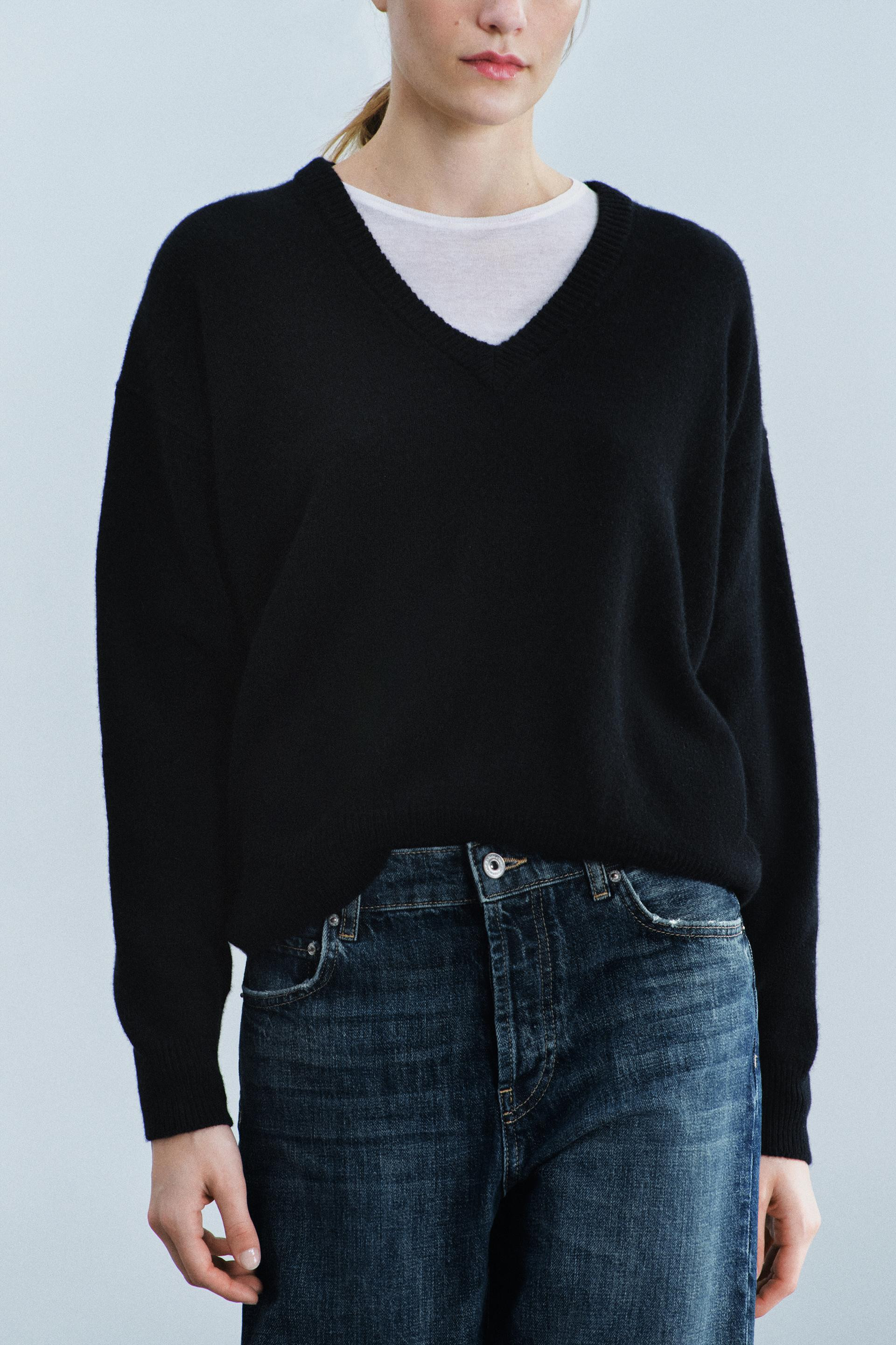 Zara - Wool Cashmere V-Neck Jumper - Black - S - Woman | Zara US