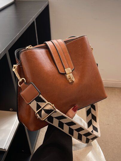 Buckle Decor Bucket Shoulder Handbags, Lady Luxury Women's Geometric Strap Crossbody Bag, Classic... | SHEIN