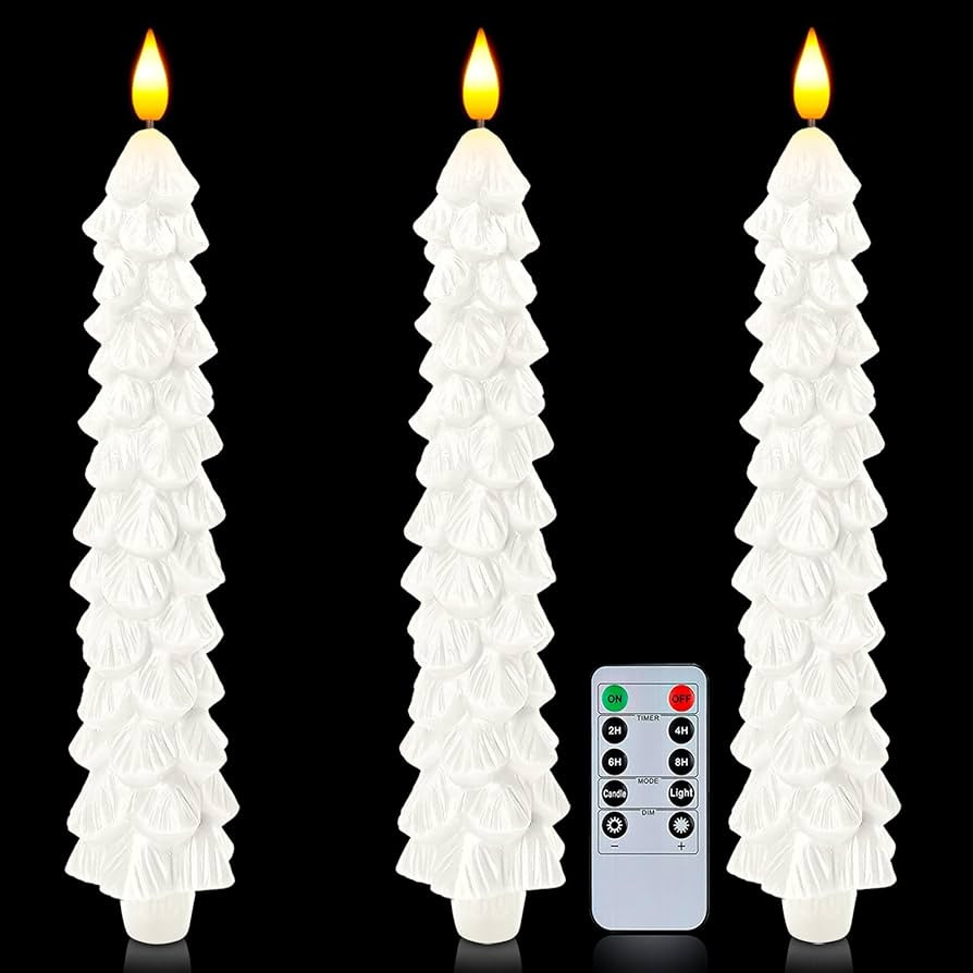Homemory 3 Pcs Christmas Tree Candles with Remote, Waxy Flameless Taper Candles Flickering, White... | Amazon (US)