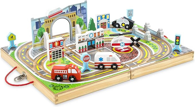Melissa & Doug 18-Piece Wooden Take-Along Tabletop Town, 4 Rescue Vehicles, Play Pieces, Bridge ,... | Amazon (US)
