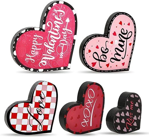 5 Pieces Of Heart Sign Wood – Freestanding Red Wooden Hearts For Valentines Day Centerpiece Dec... | Amazon (US)