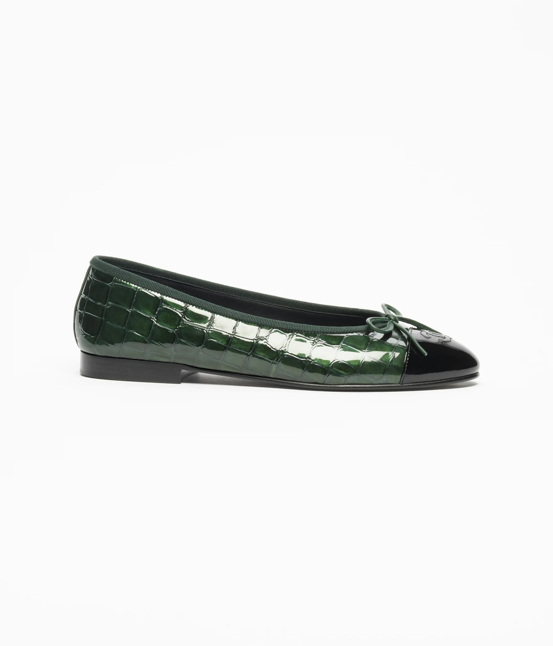 Ballet flats - Crocodile embossed patent calfskin & patent calfskin, dark green & black \u2014 Fa... | Chanel, Inc. (US)