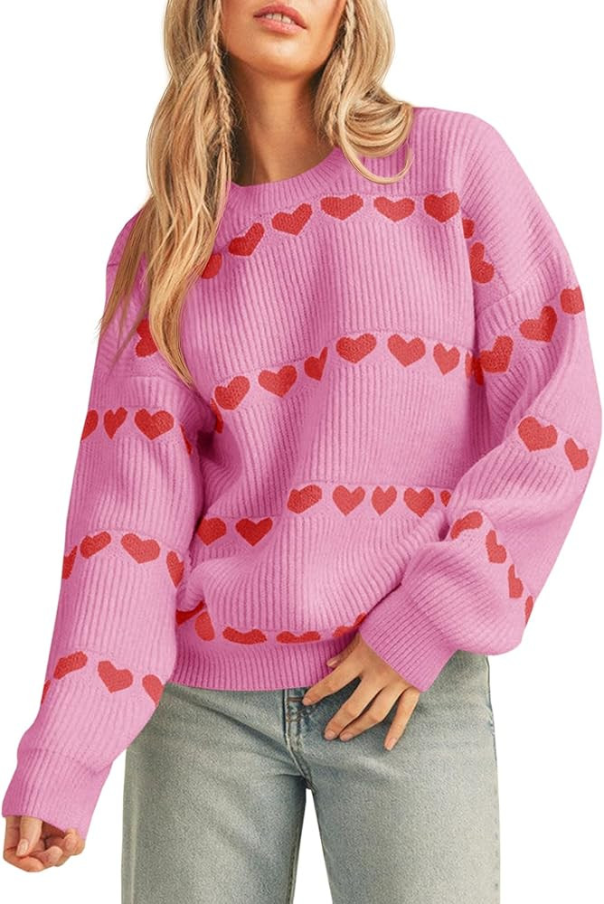 Saodimallsu Womens Heart Sweater Valentine Crew Neck Cute Ribbed Knit Loose Casual Pullover Sweat... | Amazon (US)