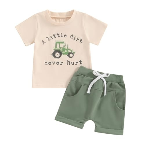 Frietlebird Toddler Baby Boy Summer Clothes Short Sleeve Letter Print Shirt with Elastic Waist Shorts Set Summer Outfit(M-Beige Tractor,2-3T) | Amazon (US)