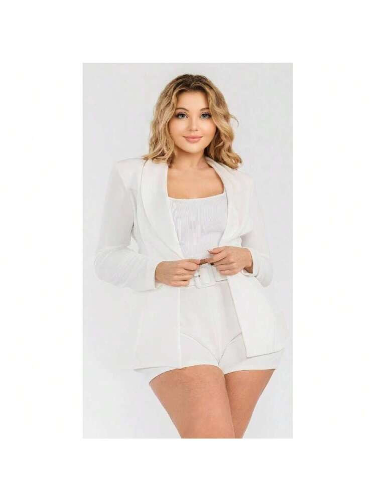 Plus Solid Blazer 2 Piece Belted Short Set | SHEIN