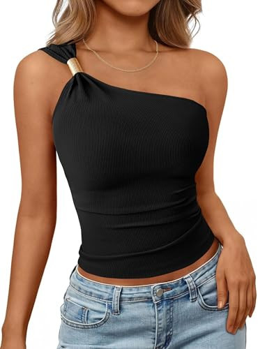 PRETTYGARDEN One Shoulder Going Out Tops for Women 2026 Summer Trendy Sleeveless Fitted Ribbed Shirts Spring Y2K Clothes (Black,XX-Large) | Amazon (US)