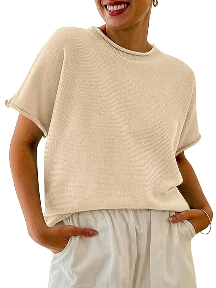 Saodimallsu Womens Short Sleeve Sweater Tops Basic Lightweight Casual Crewneck Summer Loose Fit K... | Amazon (US)