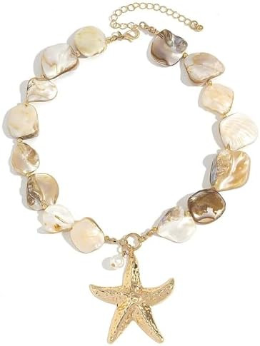 Seashell Starfish Pendent Necklace Cowrie Pearl Beachy Necklaces for Women Mermaid Chunky Sea She... | Amazon (US)