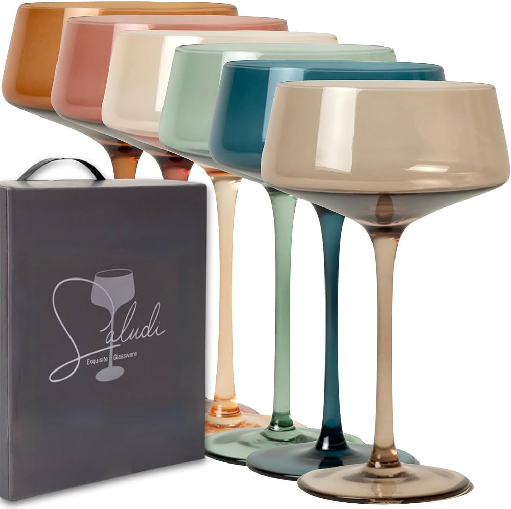 Saludi Colored Coupe Glasses, 10oz (Set of 6) Stemmed Multi-Color Glass - Great for All Cocktail ... | Amazon (US)