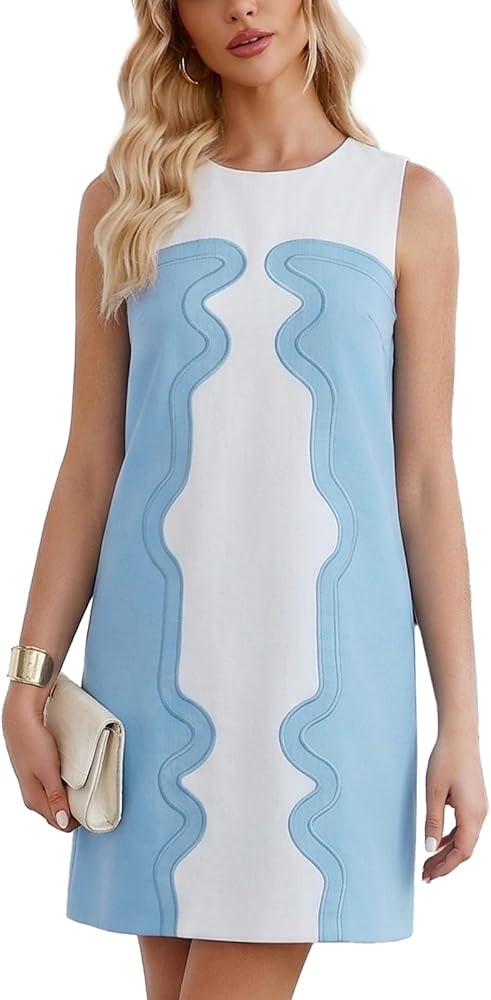 Ladyful Color Block Shift Dress Cotton Linen Sleeveless Crew Neck Mini Dresses 60s Party Vacation... | Amazon (US)