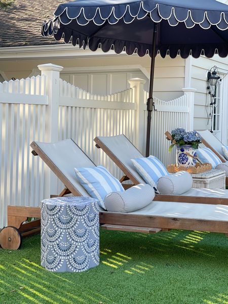 Shop our blue and white coastal outdoor patio finds!! Love these outdoor sling chaise loungers and navy scalloped umbrella from Amazon! And this new scalloped side table / stool is currently 30% OFF making it under $150!! 🙌🏻☀️

#LTKSeasonal #LTKHome #LTKSaleAlert