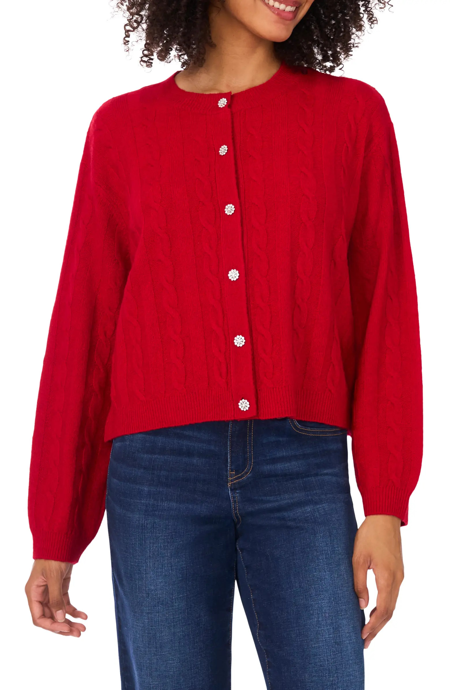 CeCe Jewel Button Cable Knit Crop Cardigan | Nordstromrack | Nordstrom Rack