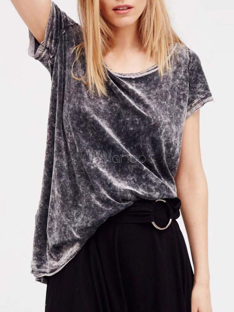 Velour T Shirt Round Neck Short Sleeve High Low Women's Grey Tee Top | Milanoo