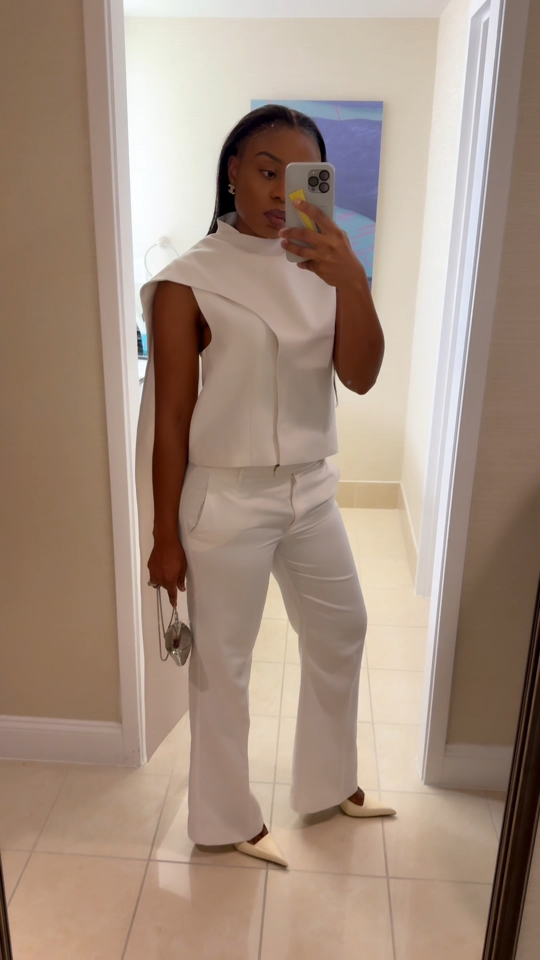 What I wore to holiday work party - scarf detail top and boot-cut pants in white / Pantone color 2026: Cloud Dancer 

#LTKWorkwear #LTKOver40 #LTKHoliday