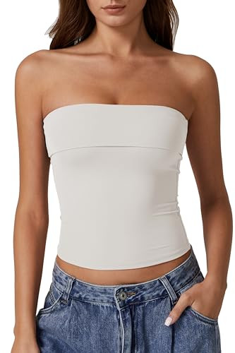 QINSEN Foldover Bandeau Tops for Women Double Lined Basic Sleeveless Going Out Tube Tops Beige L | Amazon (US)