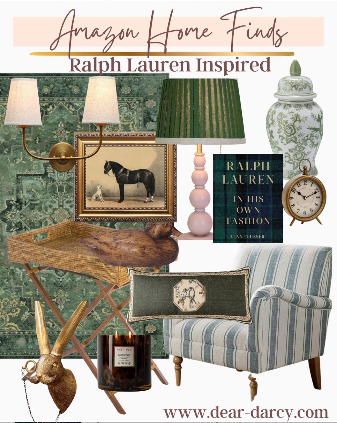Amazon Home finds 

Ralph Lauren inspired Home 

A beautiful rich Green pattern area rug 

Green striped accent chair 

Green ginger jar

Green shade lamp with pretty base 

Bronzer clock 

Bamboo side table 

Horse print gold frame 

Lamp sconce 

Ralph Lauren coffee table book

Rich Green  pillow 

Wooden duck 


#LTKHome #LTKStyleTip
