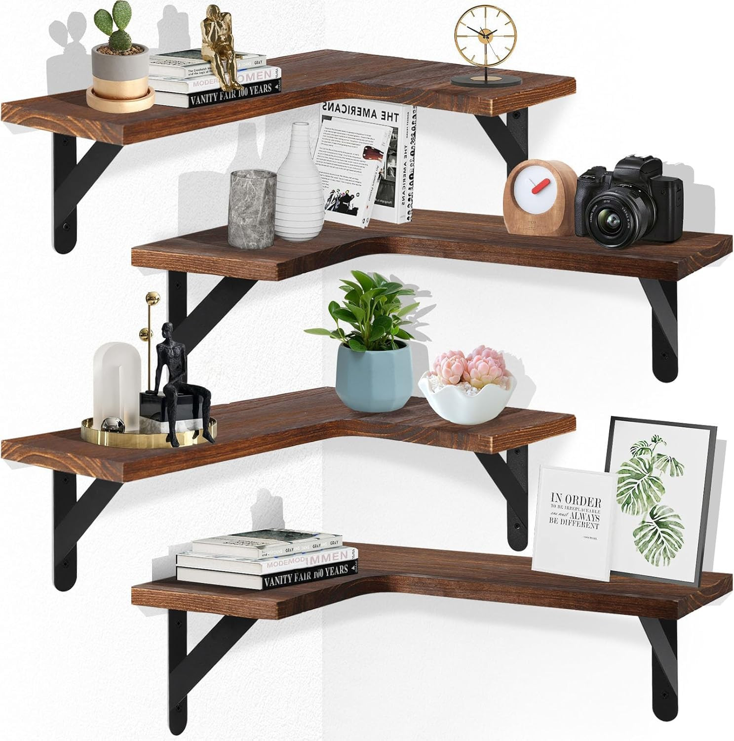 Corner Floating Shelves Set of 4,L-Shaped Wall Mounted Shelf,Rustic Wood Corner Shelvesfor Wall S... | Amazon (US)