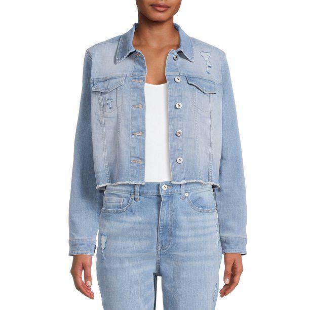 Time And Tru Women’s Water-LTE Cropped Denim Jacket with Frayed Hem | Walmart (US)