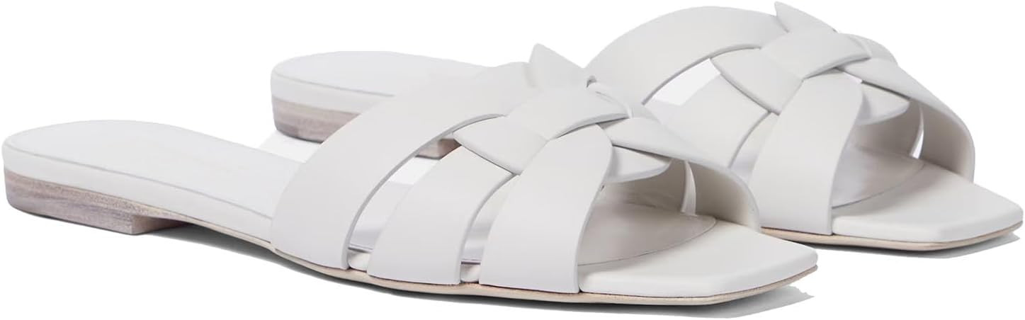 Women's Flat Sandals Square Toe Patent Leather Comfortable Slip on Slippers Casual Summer Dressy Beach Slide Sandals for Women | Amazon (US)