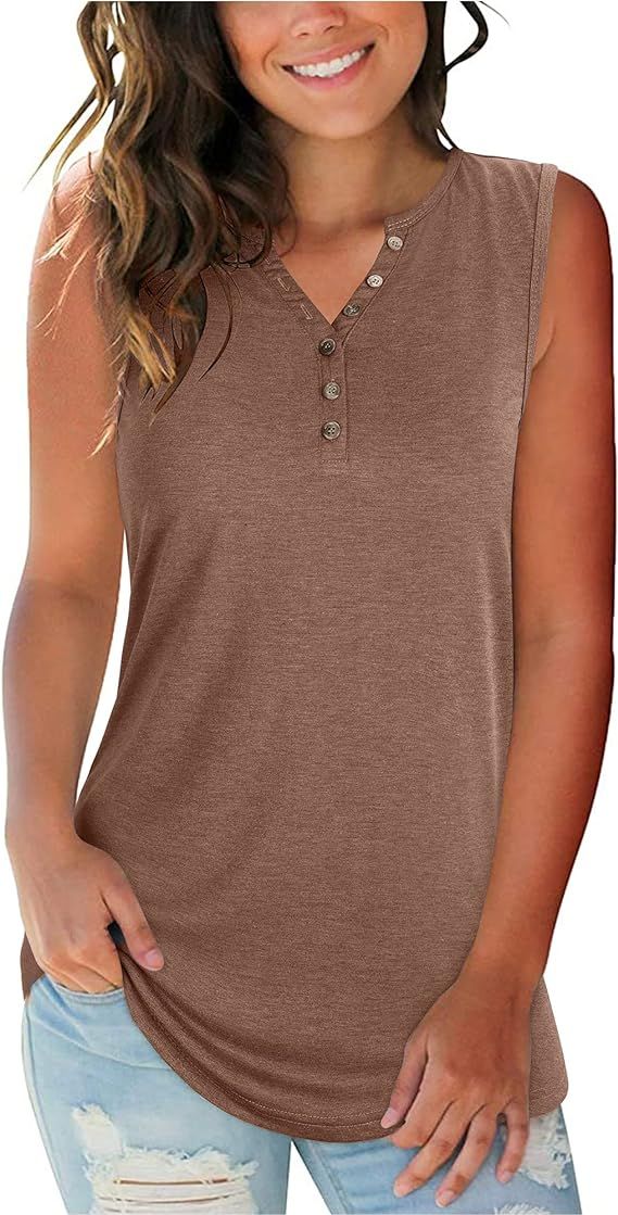 GOOTUCH Women's V-Neck Sleeveless Tank Tops Casual Basic Henley T Shirts | Amazon (US)